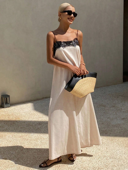 Livesso V-Neck Sleeveless Blue Solid Color Cinched Waist Full Skirt Vacation Style Women's Long Dress