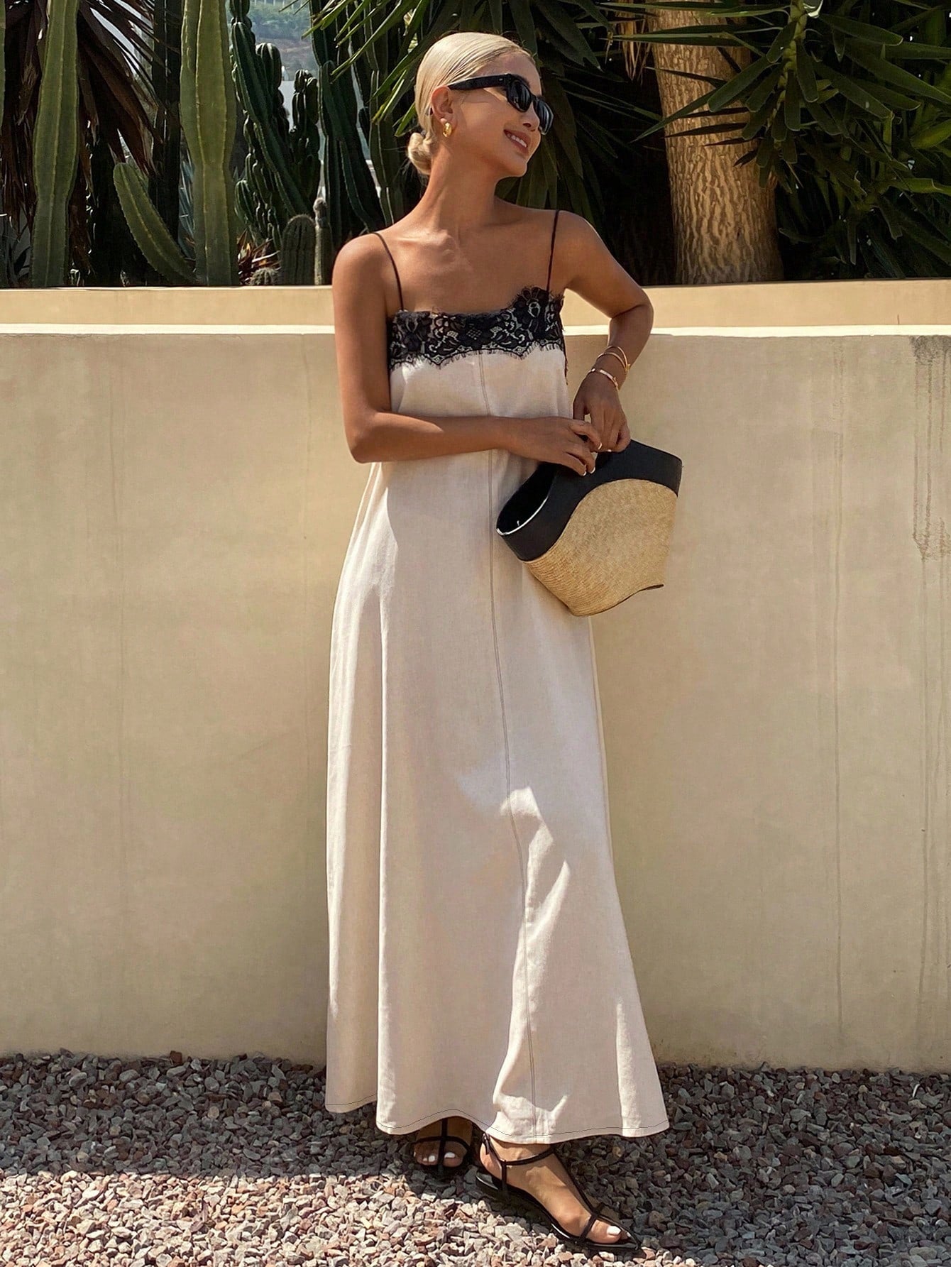 Livesso V-Neck Sleeveless Blue Solid Color Cinched Waist Full Skirt Vacation Style Women's Long Dress