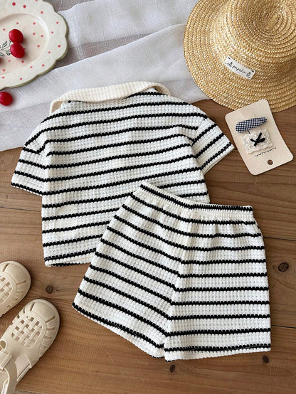 LMoss Kids 2pcs Baby Girl Knitted Striped Collar Casual T-Shirt And Shorts Set