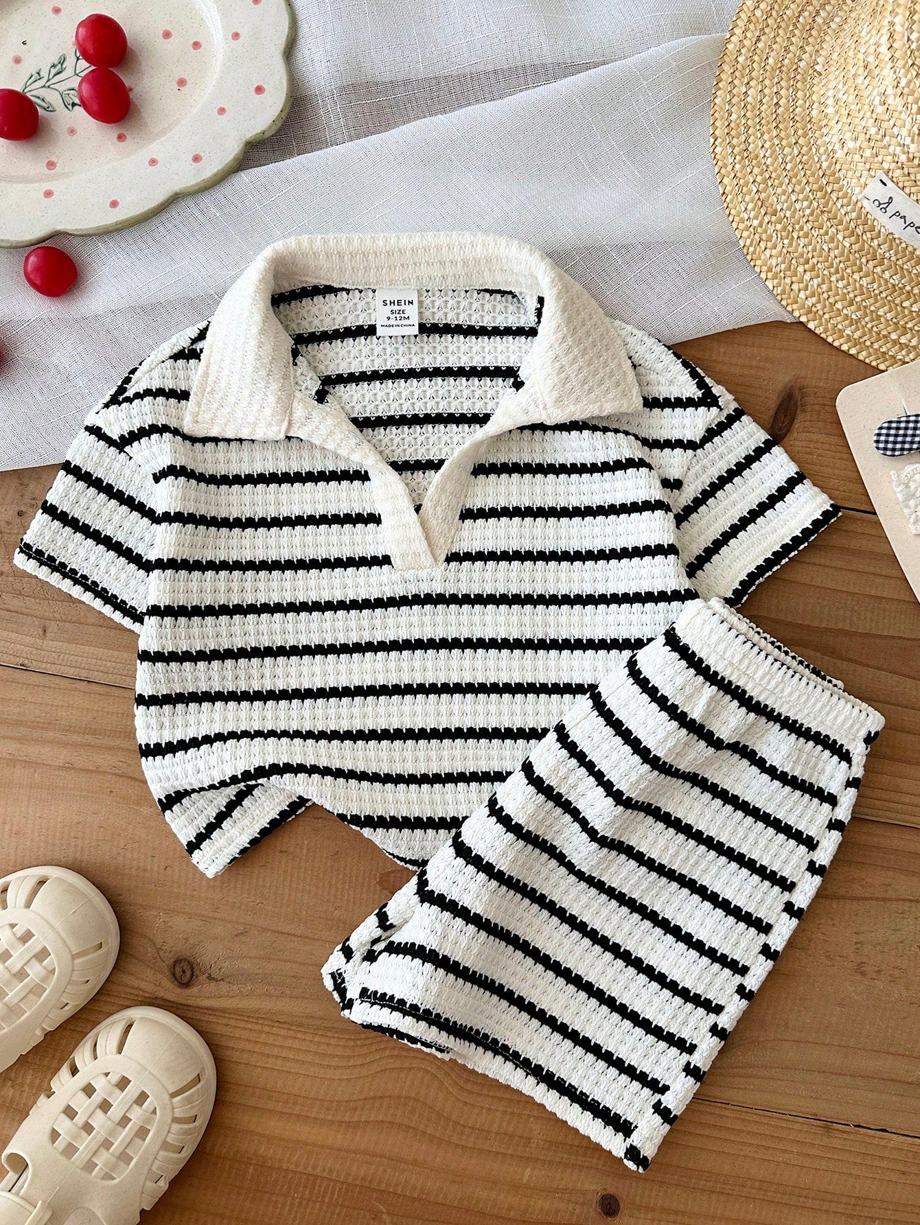 LMoss Kids 2pcs Baby Girl Knitted Striped Collar Casual T-Shirt And Shorts Set