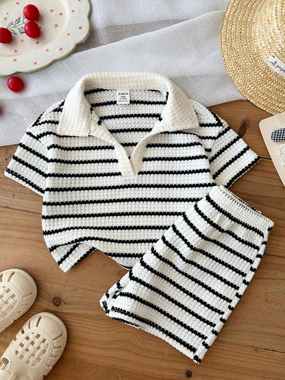 LMoss Kids 2pcs Baby Girl Knitted Striped Collar Casual T-Shirt And Shorts Set