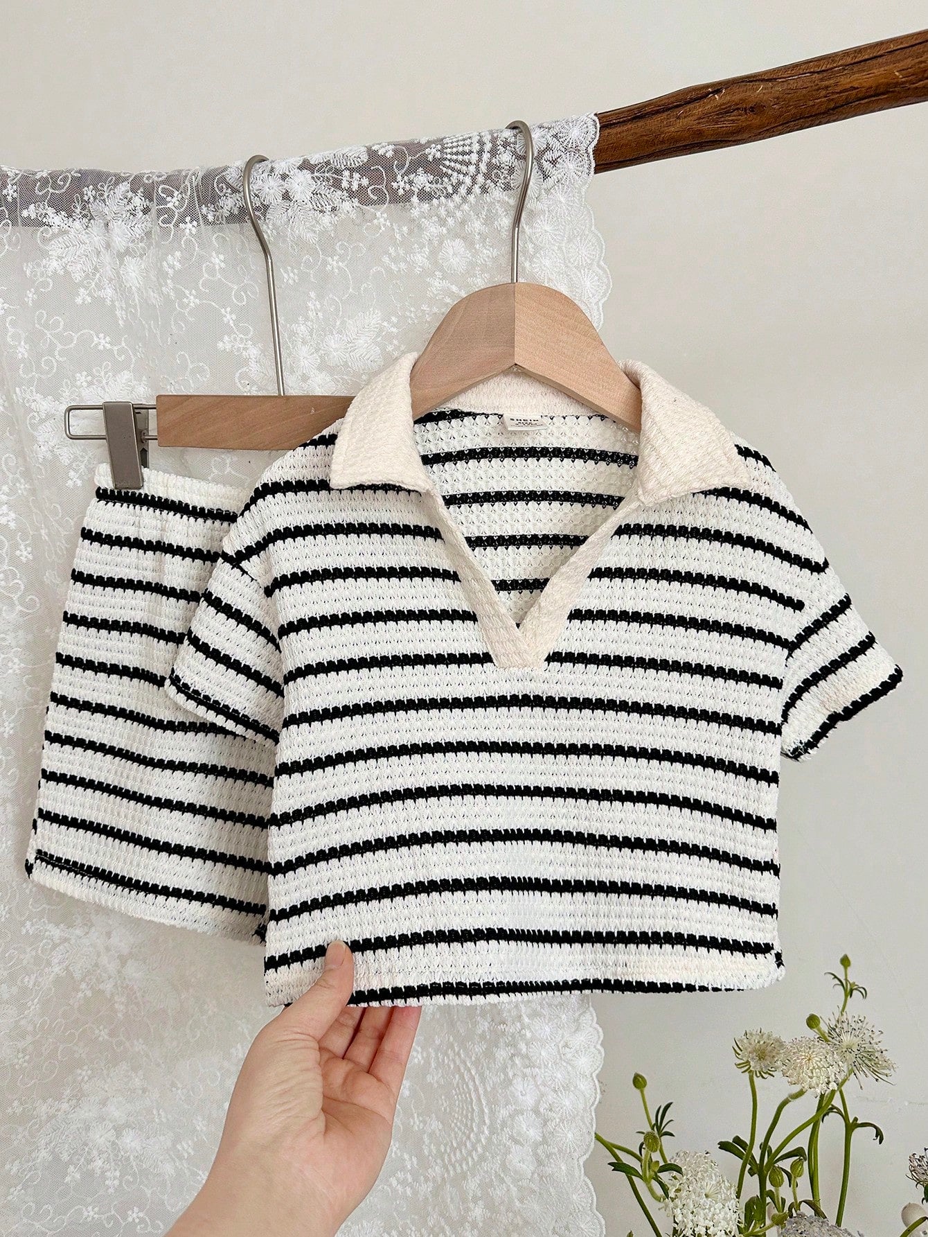 LMoss Kids 2pcs Baby Girl Knitted Striped Collar Casual T-Shirt And Shorts Set