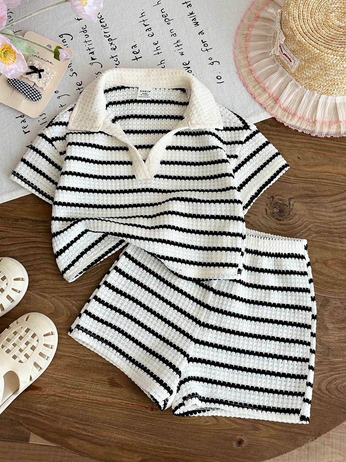 LMoss Kids 2pcs Baby Girl Knitted Striped Collar Casual T-Shirt And Shorts Set