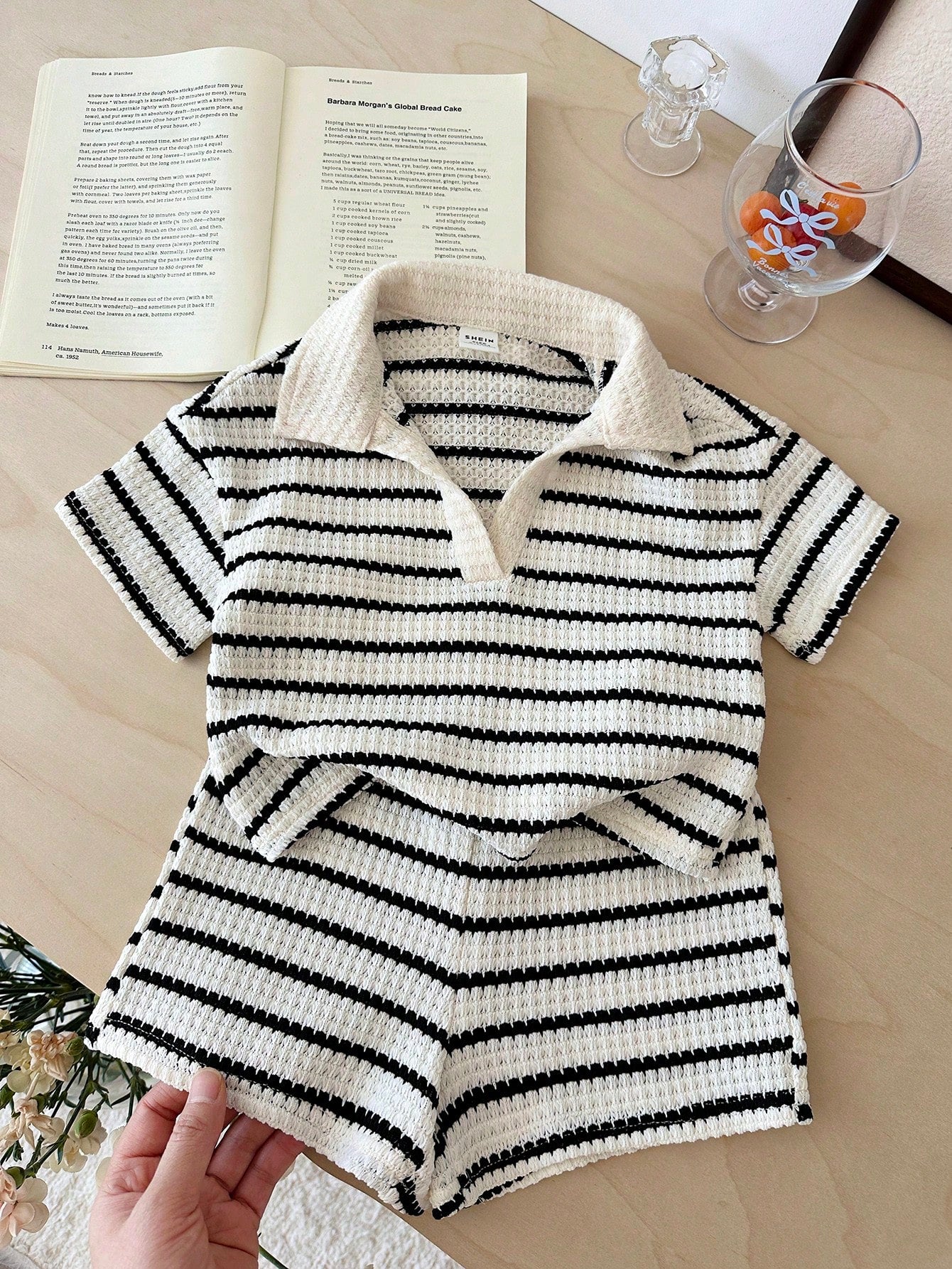 LMoss Kids 2pcs Baby Girl Knitted Striped Collar Casual T-Shirt And Shorts Set