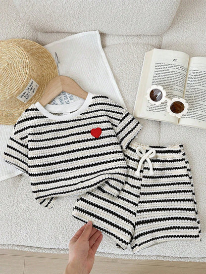 LMoss Kids 2pcs Baby Girl Knitted Striped Collar Casual T-Shirt And Shorts Set