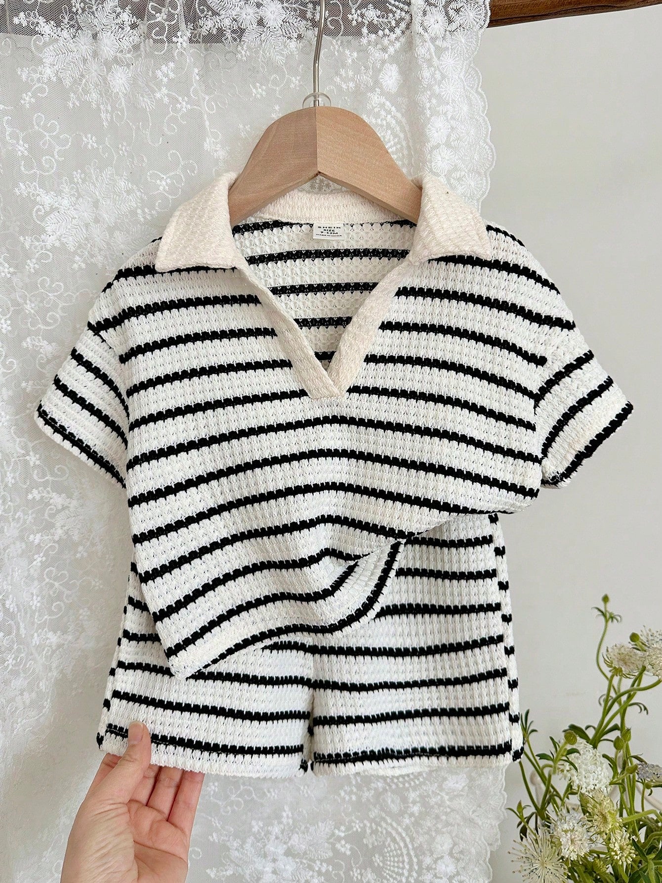 LMoss Kids 2pcs Baby Girl Knitted Striped Collar Casual T-Shirt And Shorts Set