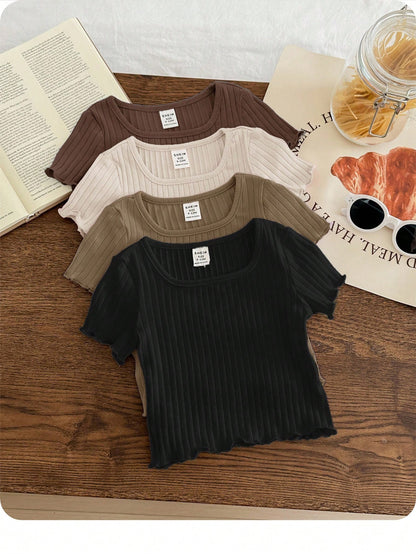 LMoss Kids 4pcs Baby Girls Casual Solid Color Ruffles Trim Short Sleeve Knitwear Tops Set