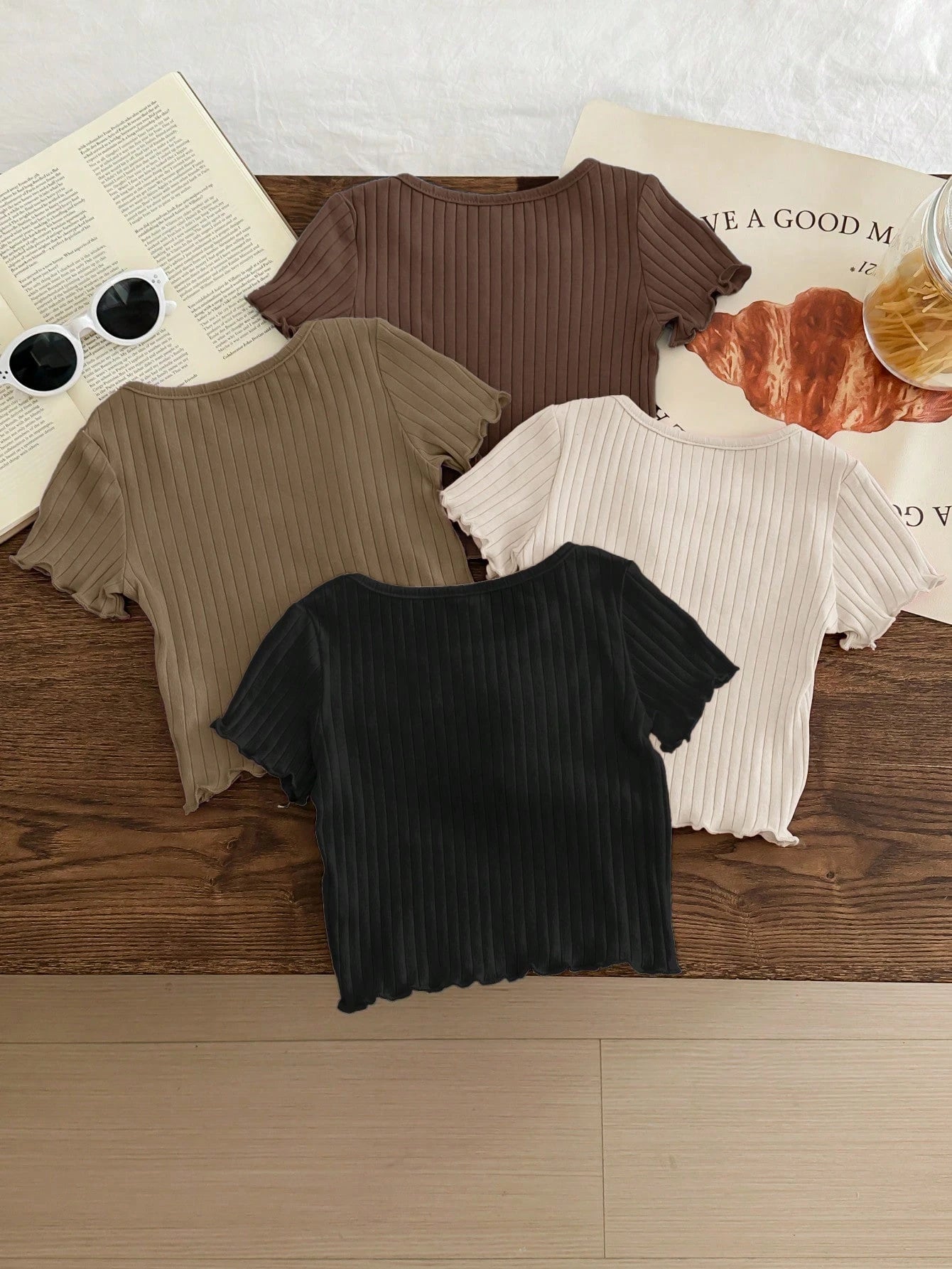 LMoss Kids 4pcs Baby Girls Casual Solid Color Ruffles Trim Short Sleeve Knitwear Tops Set