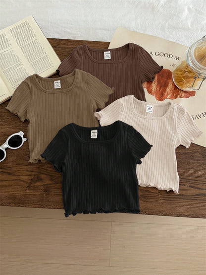 LMoss Kids 4pcs Baby Girls Casual Solid Color Ruffles Trim Short Sleeve Knitwear Tops Set