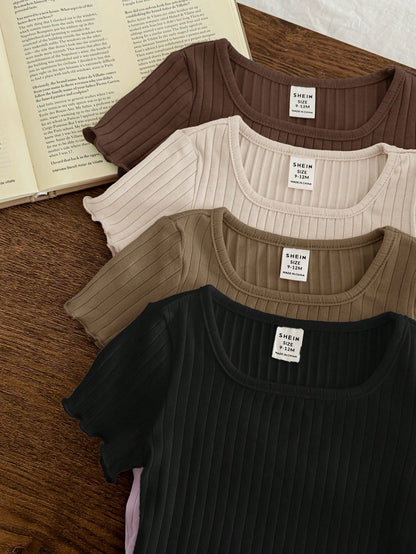 LMoss Kids 4pcs Baby Girls Casual Solid Color Ruffles Trim Short Sleeve Knitwear Tops Set