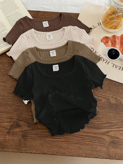 LMoss Kids 4pcs Baby Girls Casual Solid Color Ruffles Trim Short Sleeve Knitwear Tops Set
