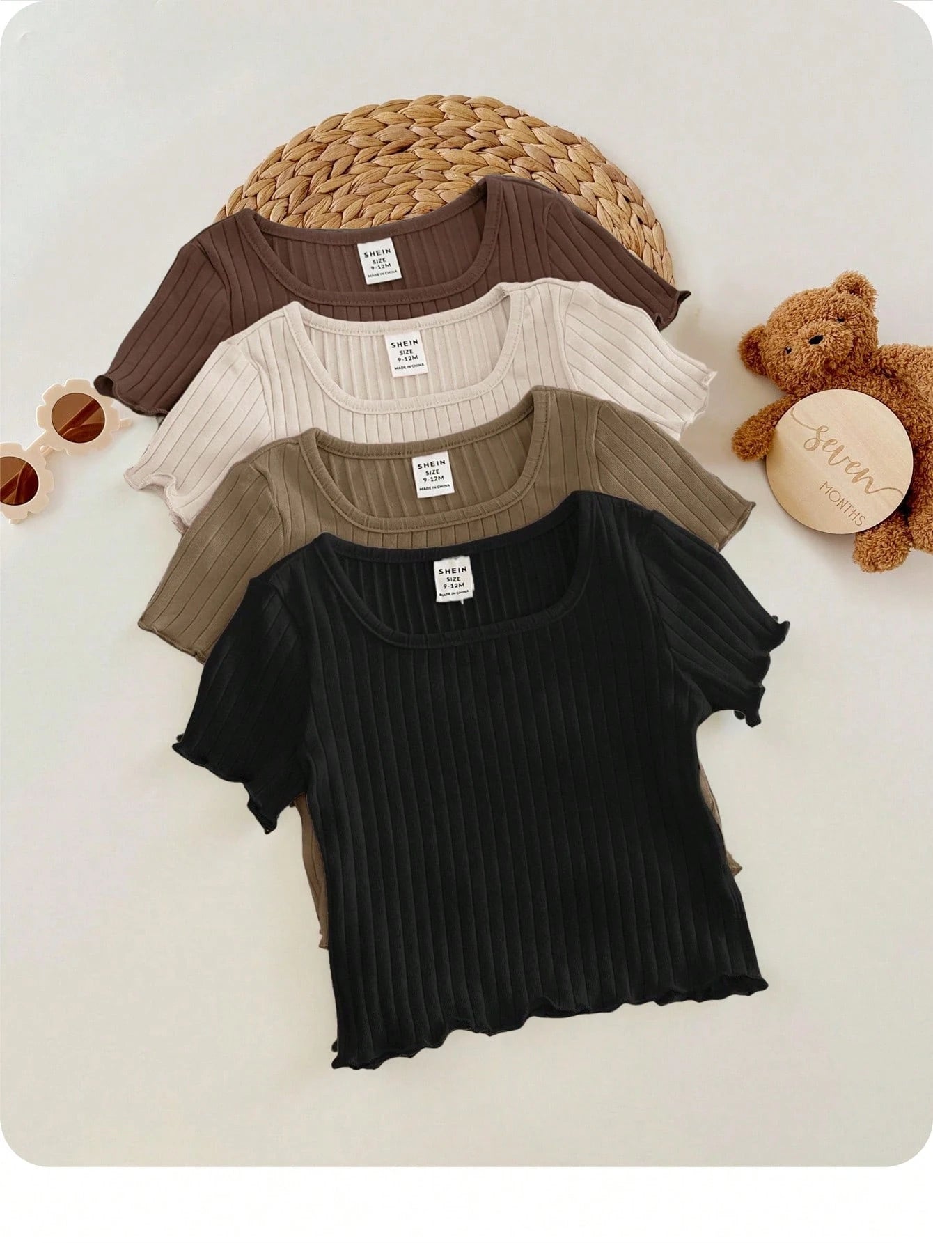 LMoss Kids 4pcs Baby Girls Casual Solid Color Ruffles Trim Short Sleeve Knitwear Tops Set