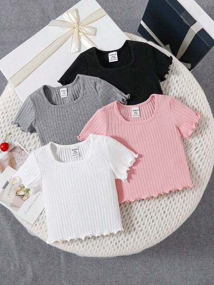 LMoss Kids 4pcs Baby Girls Casual Solid Color Ruffles Trim Short Sleeve Knitwear Tops Set