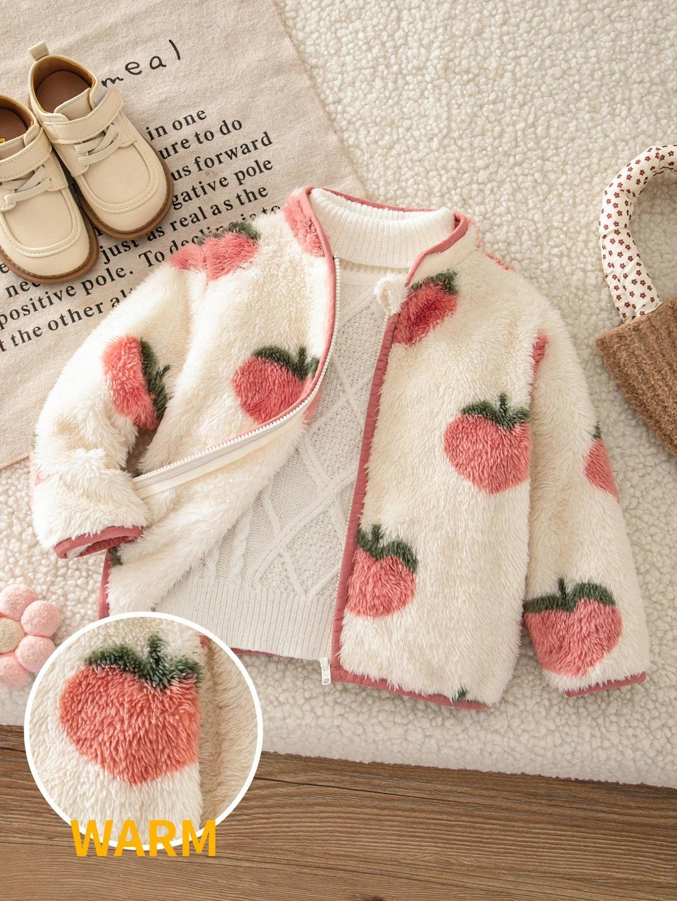 LMoss Kids Baby Girl Cute Peach Pattern Casual Long Sleeve Fleece Jacket, Autumn/Winter Stand Collar Versatile Style, White Base Cute Pattern Top