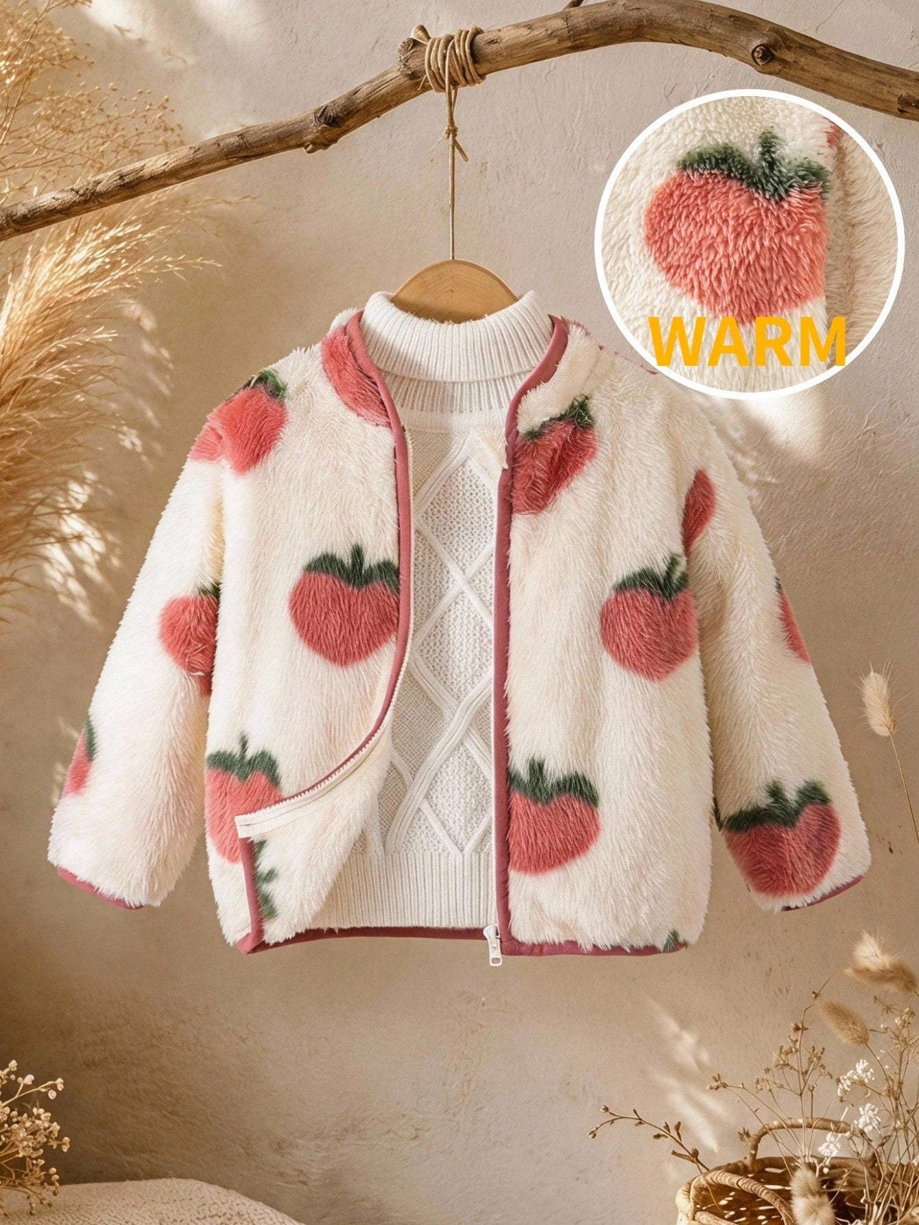 LMoss Kids Baby Girl Cute Peach Pattern Casual Long Sleeve Fleece Jacket, Autumn/Winter Stand Collar Versatile Style, White Base Cute Pattern Top