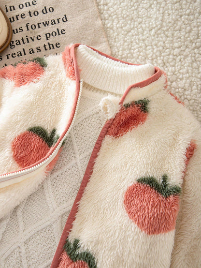 LMoss Kids Baby Girl Cute Peach Pattern Casual Long Sleeve Fleece Jacket, Autumn/Winter Stand Collar Versatile Style, White Base Cute Pattern Top