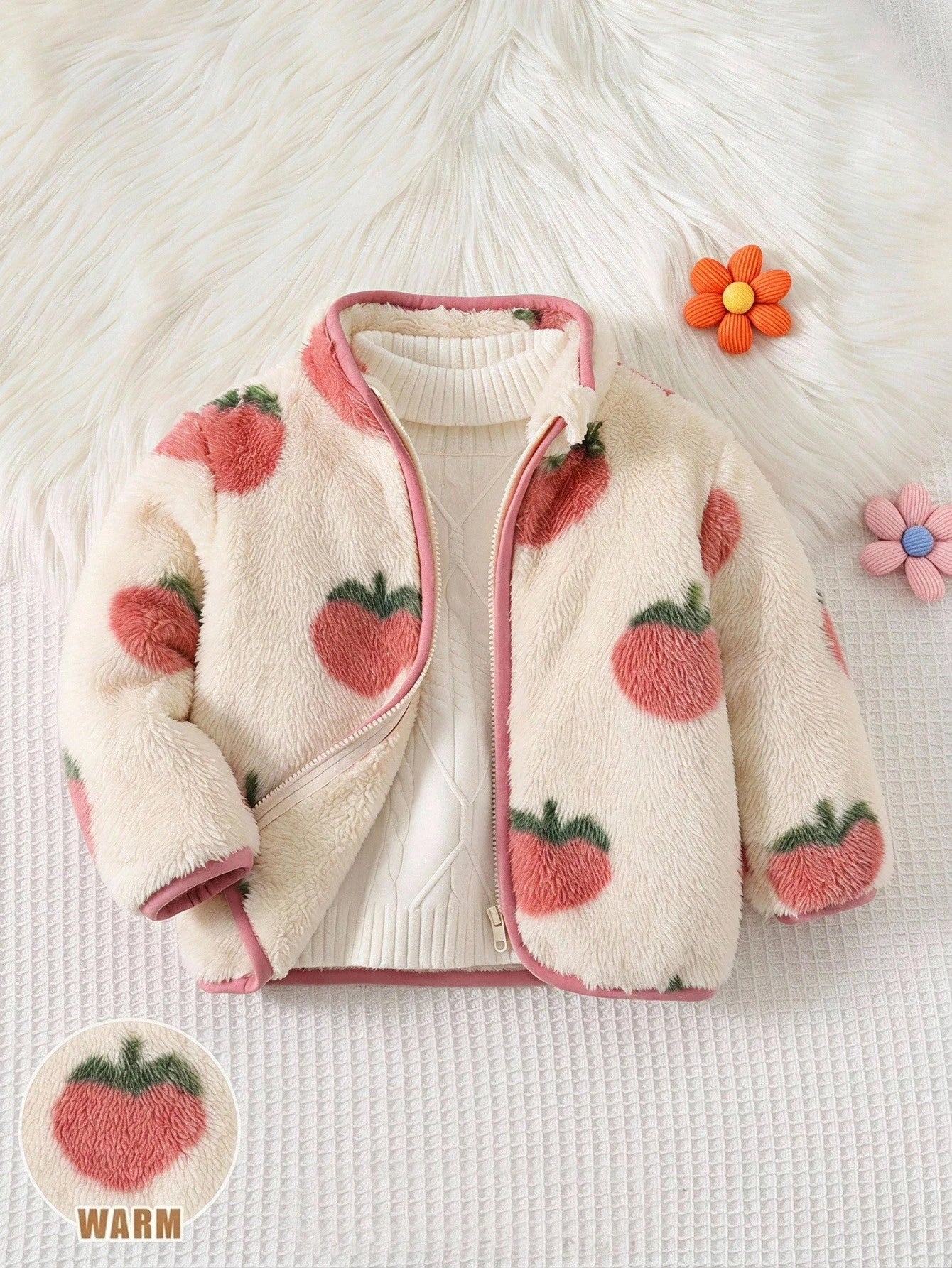 LMoss Kids Baby Girl Cute Peach Pattern Casual Long Sleeve Fleece Jacket, Autumn/Winter Stand Collar Versatile Style, White Base Cute Pattern Top