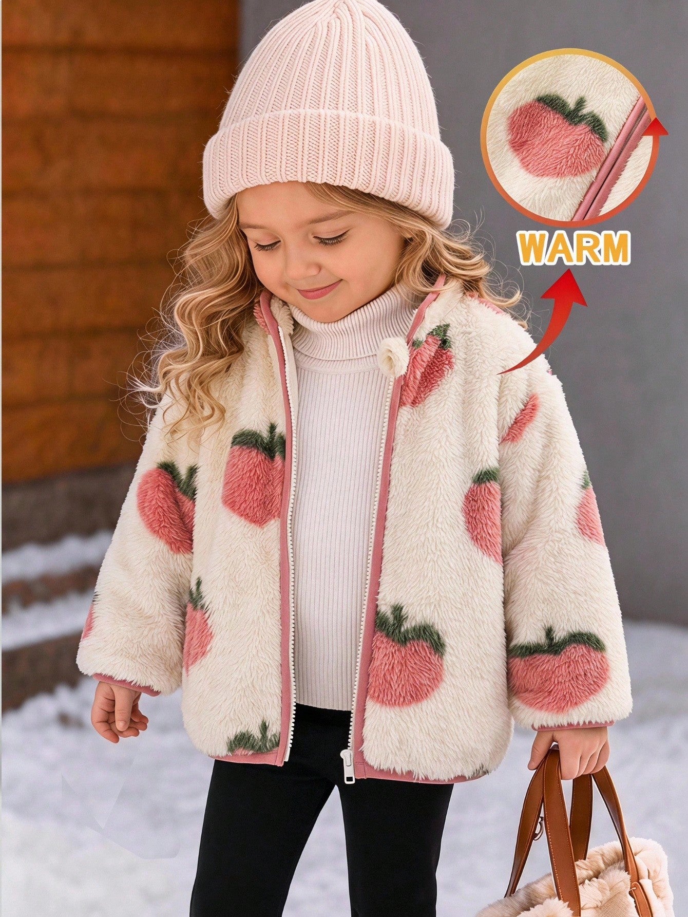 LMoss Kids Baby Girl Cute Peach Pattern Casual Long Sleeve Fleece Jacket, Autumn/Winter Stand Collar Versatile Style, White Base Cute Pattern Top