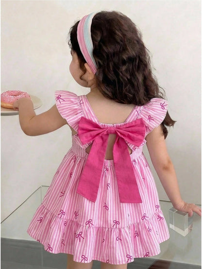 LMoss Kids Baby Girl Cute Summer Bow Striped Flutter Sleeve Dress