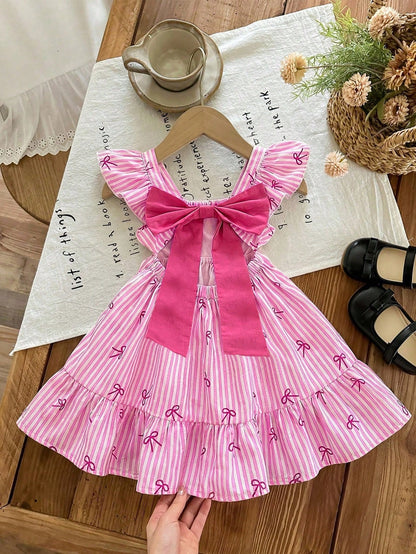 LMoss Kids Baby Girl Cute Summer Bow Striped Flutter Sleeve Dress