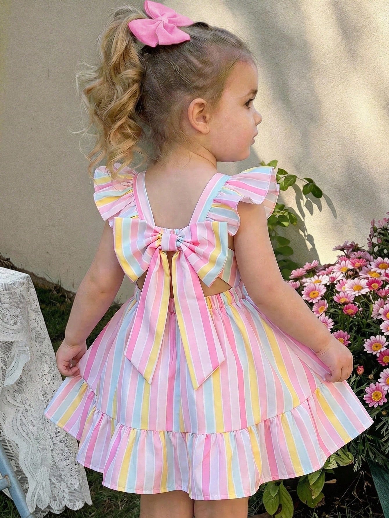 LMoss Kids Baby Girl Cute Summer Bow Striped Flutter Sleeve Dress