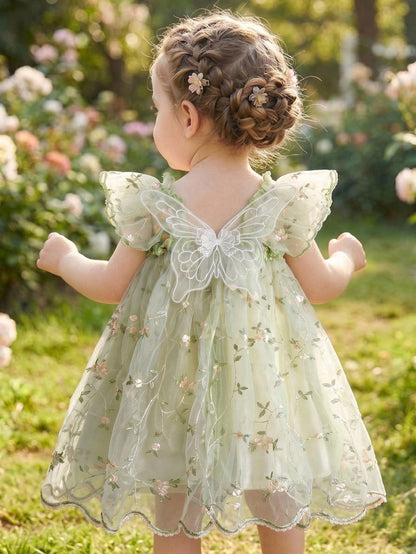 LMoss Kids Baby Girl Green Summer Fairy Flower Girl Holiday Dress,Embroidered Mesh Ruffle Square Collar Wing Decoration Wedding Party Birthday Dress,0-3 Months