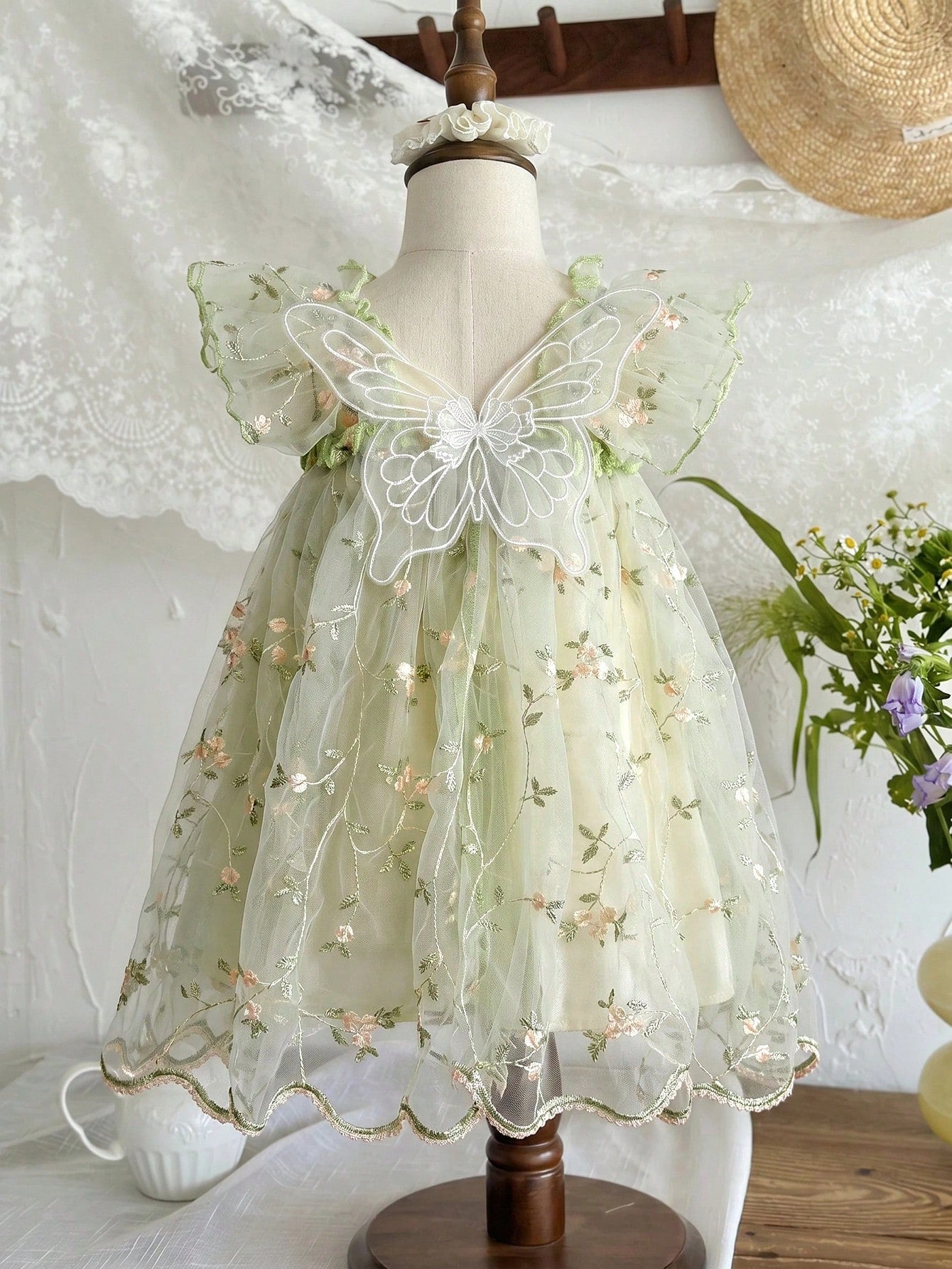 LMoss Kids Baby Girl Green Summer Fairy Flower Girl Holiday Dress,Embroidered Mesh Ruffle Square Collar Wing Decoration Wedding Party Birthday Dress,0-3 Months
