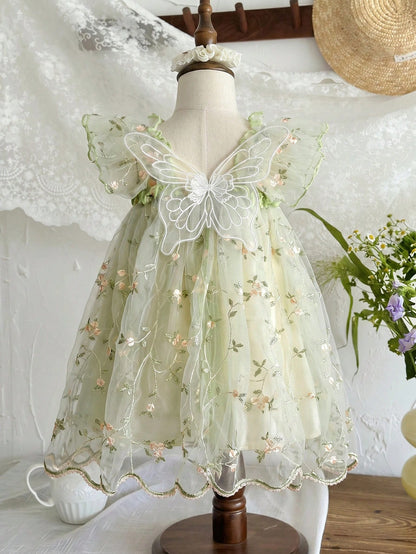 LMoss Kids Baby Girl Green Summer Fairy Flower Girl Holiday Dress,Embroidered Mesh Ruffle Square Collar Wing Decoration Wedding Party Birthday Dress,0-3 Months