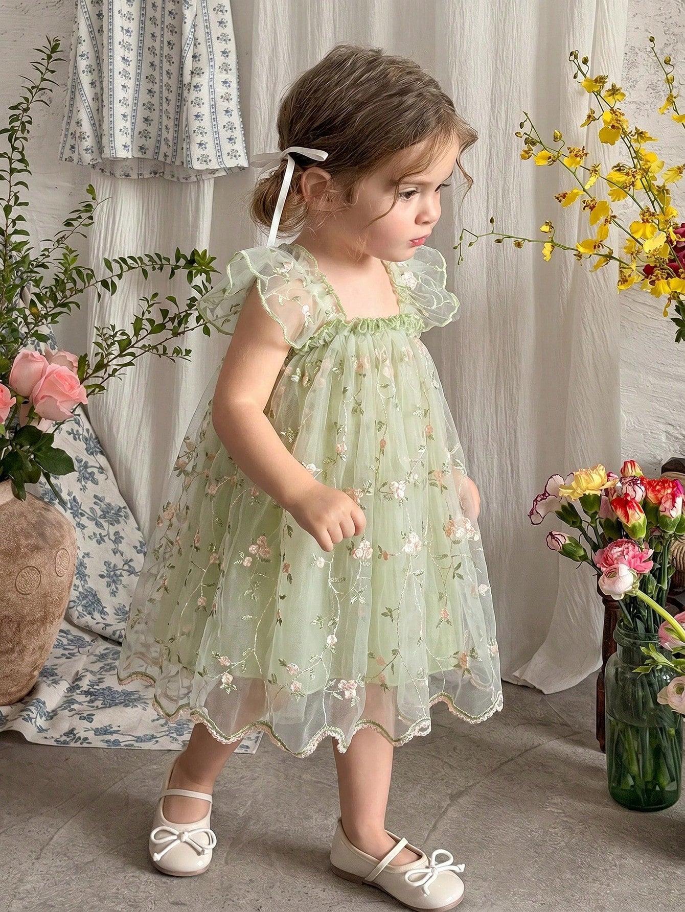LMoss Kids Baby Girl Green Summer Fairy Flower Girl Holiday Dress,Embroidered Mesh Ruffle Square Collar Wing Decoration Wedding Party Birthday Dress,0-3 Months