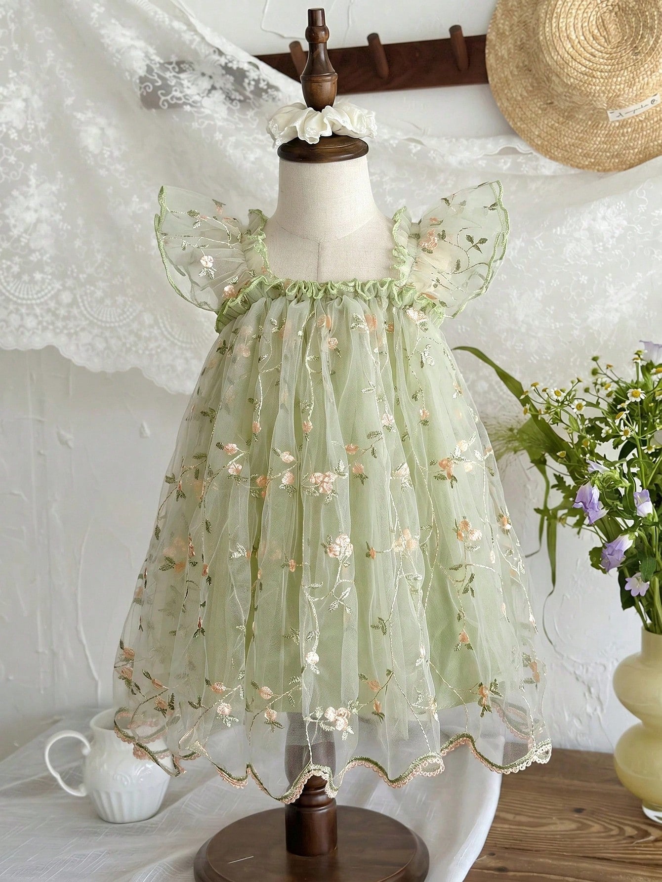LMoss Kids Baby Girl Green Summer Fairy Flower Girl Holiday Dress,Embroidered Mesh Ruffle Square Collar Wing Decoration Wedding Party Birthday Dress,0-3 Months