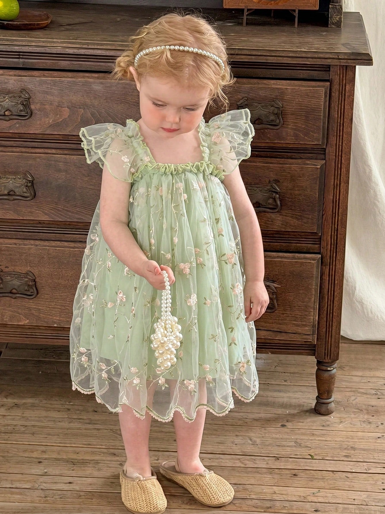 LMoss Kids Baby Girl Green Summer Fairy Flower Girl Holiday Dress,Embroidered Mesh Ruffle Square Collar Wing Decoration Wedding Party Birthday Dress,0-3 Months