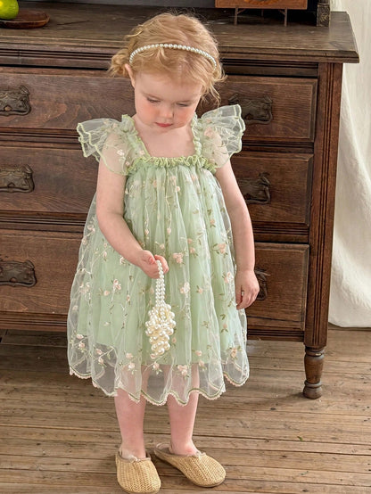 LMoss Kids Baby Girl Green Summer Fairy Flower Girl Holiday Dress,Embroidered Mesh Ruffle Square Collar Wing Decoration Wedding Party Birthday Dress,0-3 Months