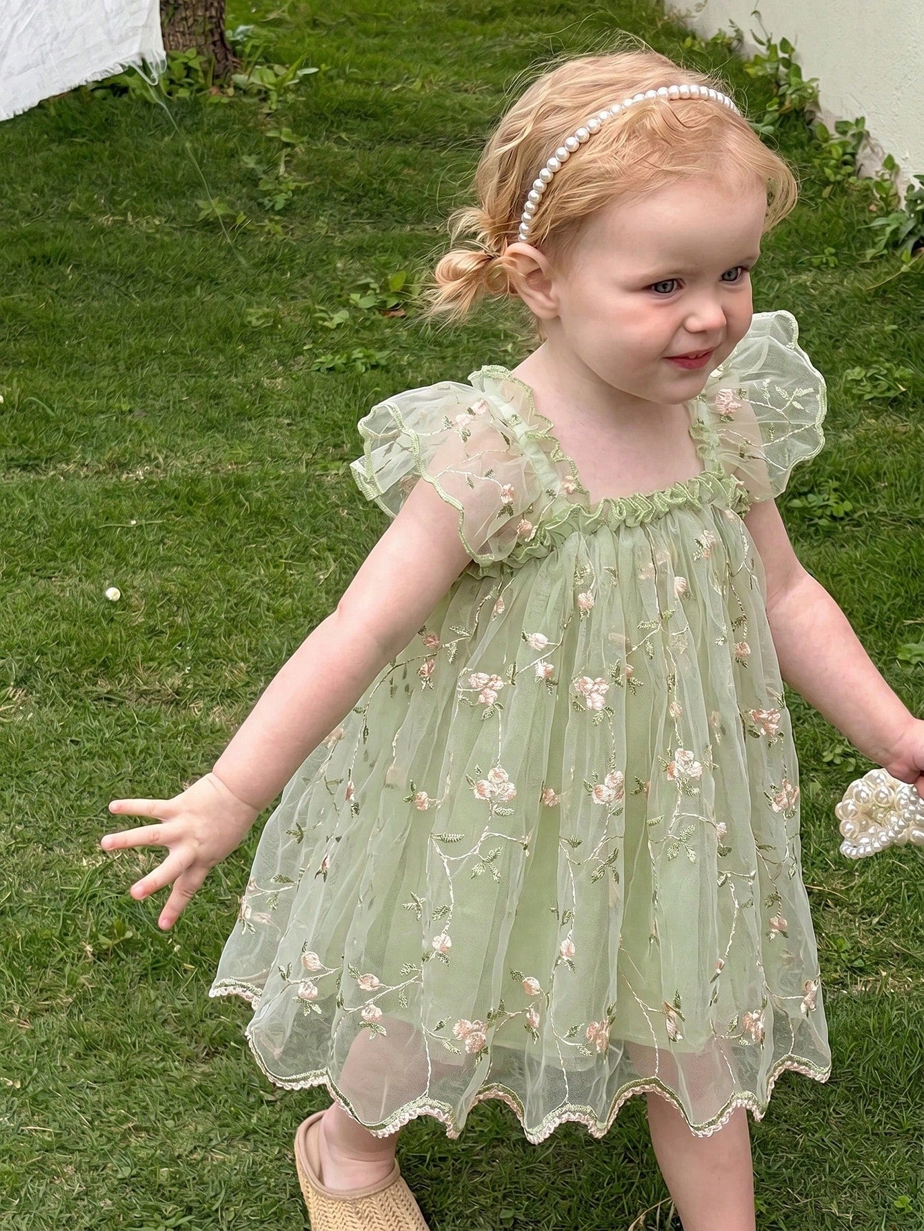 LMoss Kids Baby Girl Green Summer Fairy Flower Girl Holiday Dress,Embroidered Mesh Ruffle Square Collar Wing Decoration Wedding Party Birthday Dress,0-3 Months