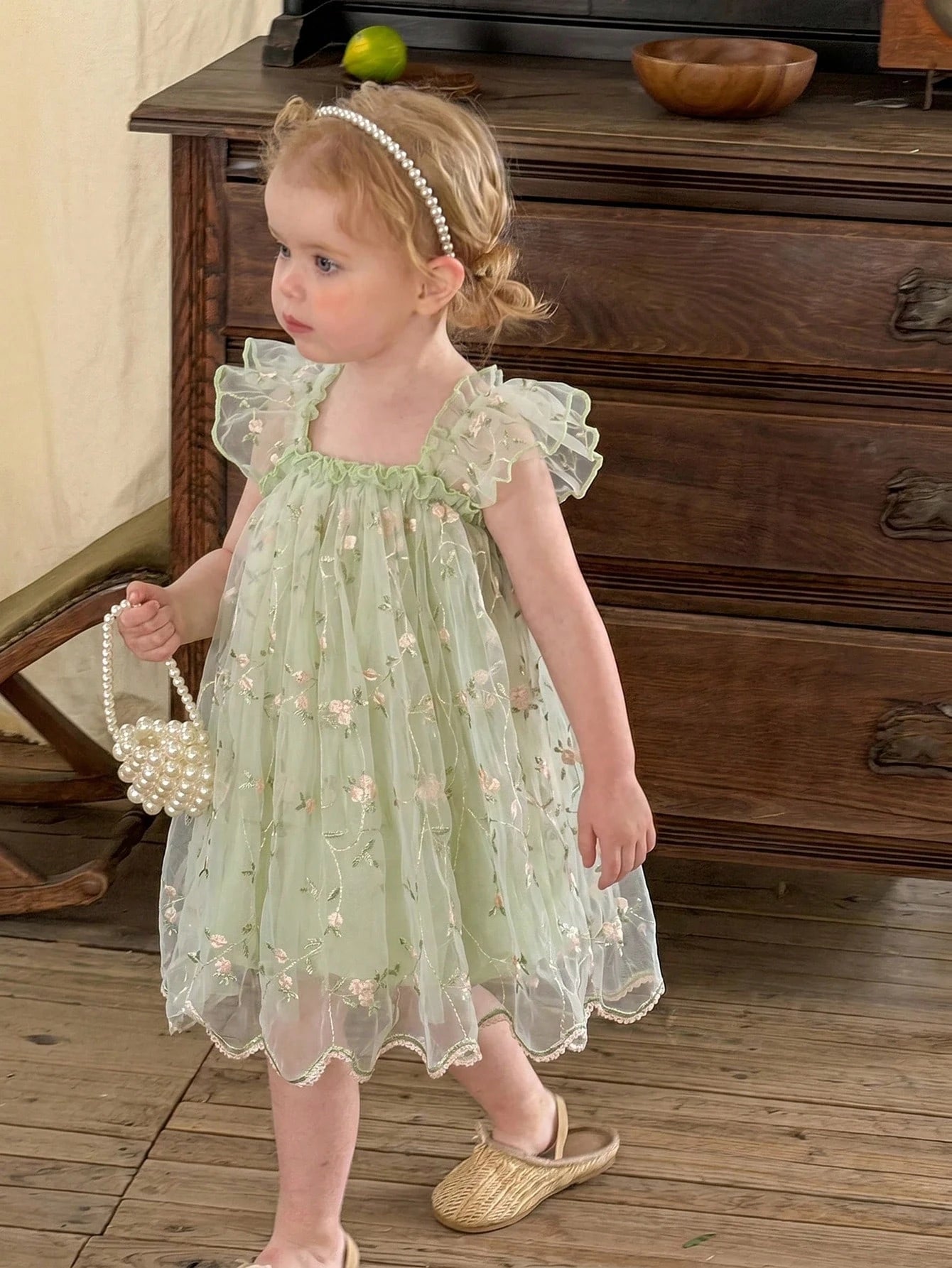 LMoss Kids Baby Girl Green Summer Fairy Flower Girl Holiday Dress,Embroidered Mesh Ruffle Square Collar Wing Decoration Wedding Party Birthday Dress,0-3 Months