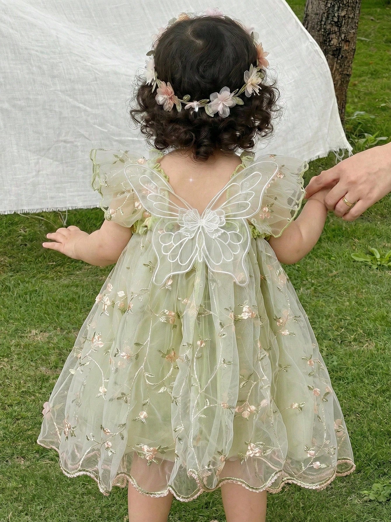 LMoss Kids Baby Girl Green Summer Fairy Flower Girl Holiday Dress,Embroidered Mesh Ruffle Square Collar Wing Decoration Wedding Party Birthday Dress,0-3 Months