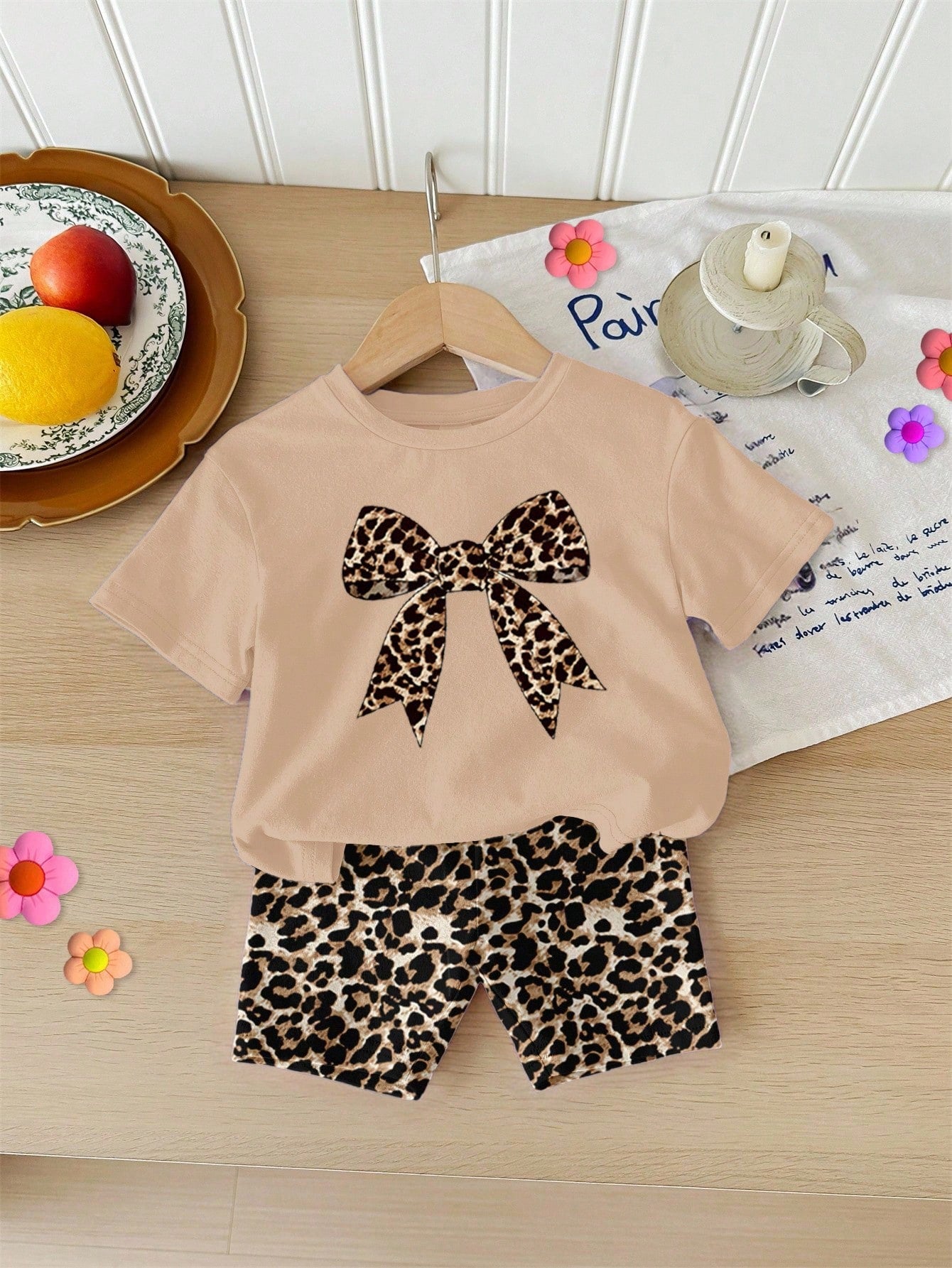 LMoss Kids Vintage Leopard Bow, Baby Girl Casual Minimalist Round Neck Short Sleeve T-Shirt And Tight Shorts Set, Suitable For Spring/Summer