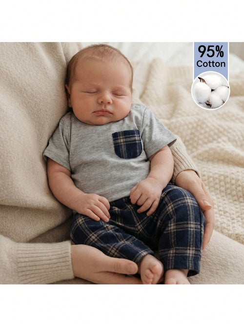Loomiva Newborn Baby Boy Girl 2 Pieces Set Contrast Pocket Round Neck Top And Plaid Elastic Pants,Navy Blue,Autumn,Casual,Family Matching Hospital Outfit