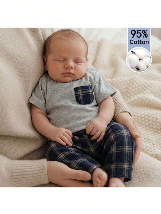 Loomiva Newborn Baby Boy Girl 2 Pieces Set Contrast Pocket Round Neck Top And Plaid Elastic Pants,Navy Blue,Autumn,Casual,Family Matching Hospital Outfit