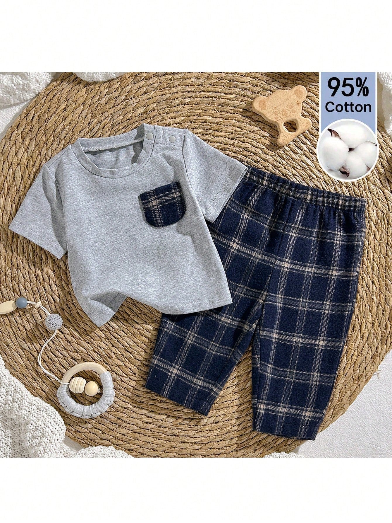 Loomiva Newborn Baby Boy Girl 2 Pieces Set Contrast Pocket Round Neck Top And Plaid Elastic Pants,Navy Blue,Autumn,Casual,Family Matching Hospital Outfit