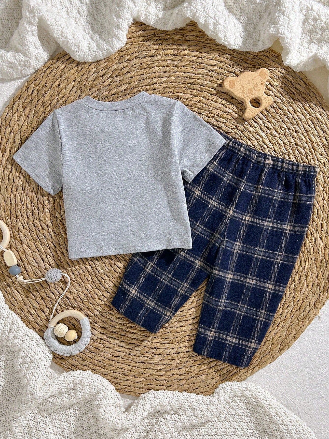 Loomiva Newborn Baby Boy Girl 2 Pieces Set Contrast Pocket Round Neck Top And Plaid Elastic Pants,Navy Blue,Autumn,Casual,Family Matching Hospital Outfit