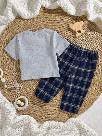 Loomiva Newborn Baby Boy Girl 2 Pieces Set Contrast Pocket Round Neck Top And Plaid Elastic Pants,Navy Blue,Autumn,Casual,Family Matching Hospital Outfit