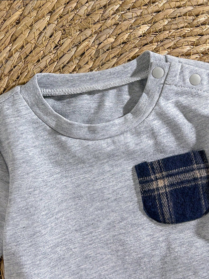 Loomiva Newborn Baby Boy Girl 2 Pieces Set Contrast Pocket Round Neck Top And Plaid Elastic Pants,Navy Blue,Autumn,Casual,Family Matching Hospital Outfit