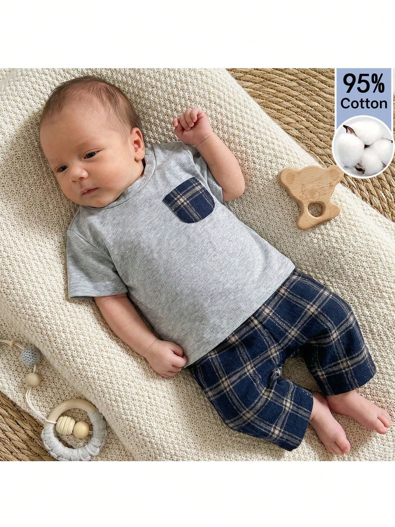 Loomiva Newborn Baby Boy Girl 2 Pieces Set Contrast Pocket Round Neck Top And Plaid Elastic Pants,Navy Blue,Autumn,Casual,Family Matching Hospital Outfit
