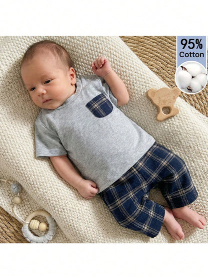 Loomiva Newborn Baby Boy Girl 2 Pieces Set Contrast Pocket Round Neck Top And Plaid Elastic Pants,Navy Blue,Autumn,Casual,Family Matching Hospital Outfit