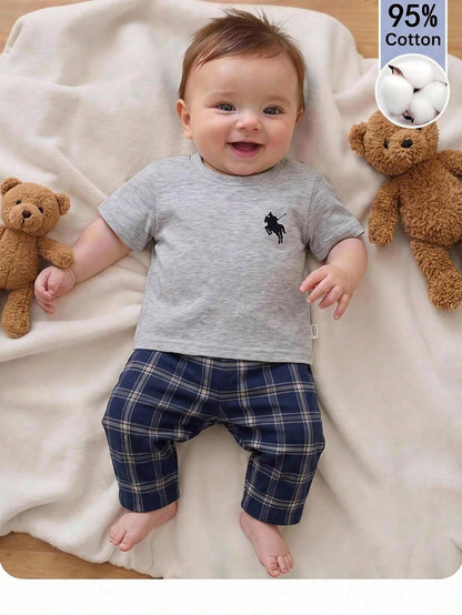 Loomiva Newborn Baby Boy Girl 2 Pieces Set Contrast Pocket Round Neck Top And Plaid Elastic Pants,Navy Blue,Autumn,Casual,Family Matching Hospital Outfit