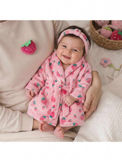 Loomiva Newborn Baby Fleece Pajamas, Pink Strawberry Print With Waist Tie, Long Sleeve Robe, Comfortable Homewear Set