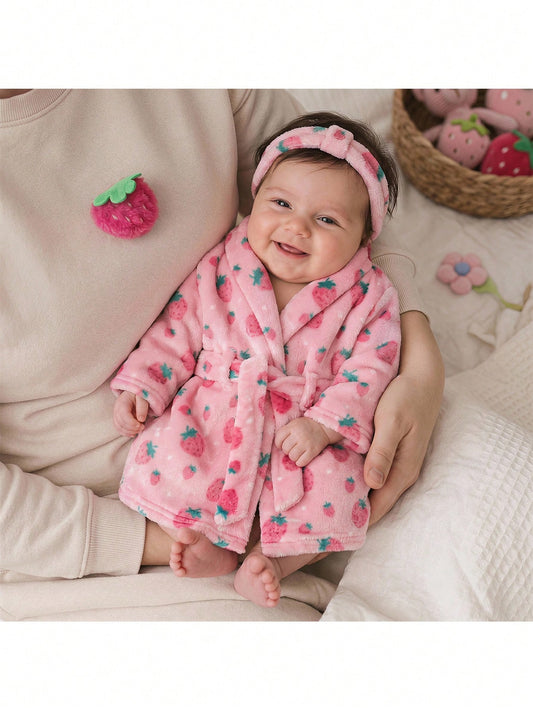 Loomiva Newborn Baby Fleece Pajamas, Pink Strawberry Print With Waist Tie, Long Sleeve Robe, Comfortable Homewear Set