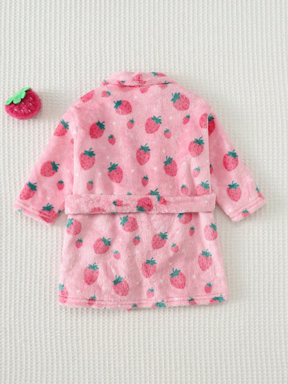 Loomiva Newborn Baby Fleece Pajamas, Pink Strawberry Print With Waist Tie, Long Sleeve Robe, Comfortable Homewear Set