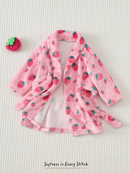 Loomiva Newborn Baby Fleece Pajamas, Pink Strawberry Print With Waist Tie, Long Sleeve Robe, Comfortable Homewear Set