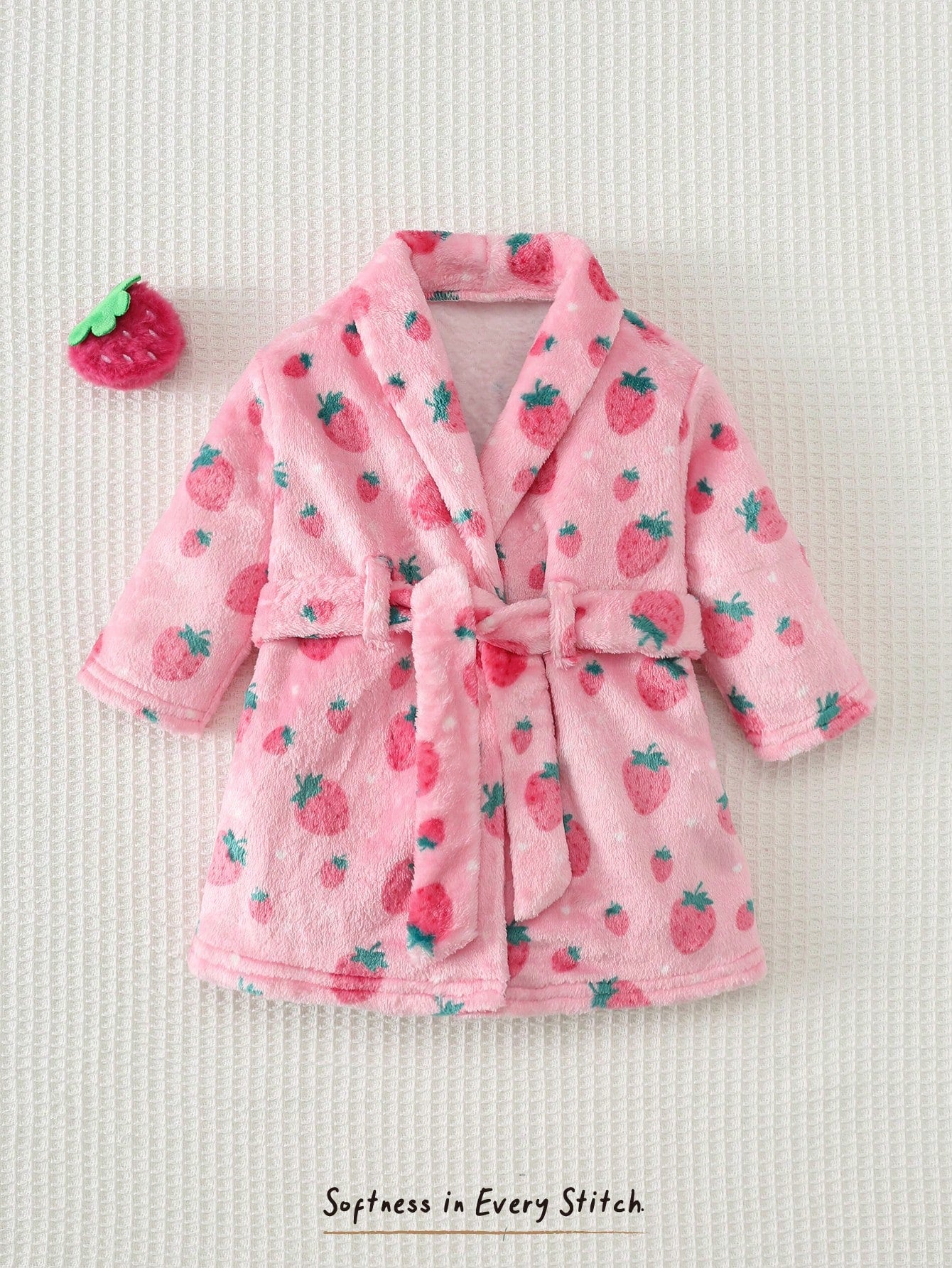 Loomiva Newborn Baby Fleece Pajamas, Pink Strawberry Print With Waist Tie, Long Sleeve Robe, Comfortable Homewear Set